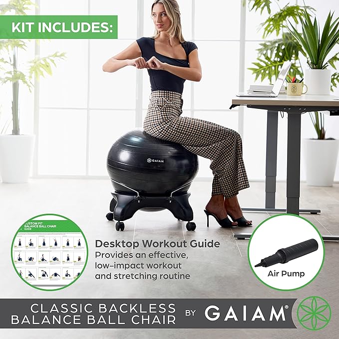 Gaiam Classic Backless Balance Ball Chair – Exercise Stability Yoga Ball Premium Ergonomic Chair for Home and Office Desk with Air Pump, Exercise Guide and Satisfaction Guarantee, Charcoal