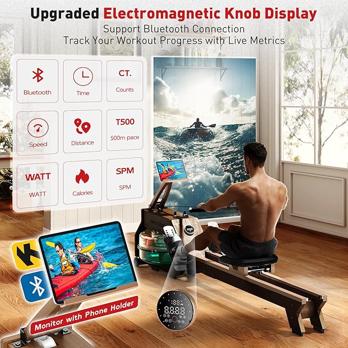 Water Rowing Machines for Home Use, Rower Machine with Smart Electronic Knob,Wooden Row Machine with LCD Monitor & Comfortable Seat, Bluetooth App Compatible for Home Gym Exercise 300 LBS