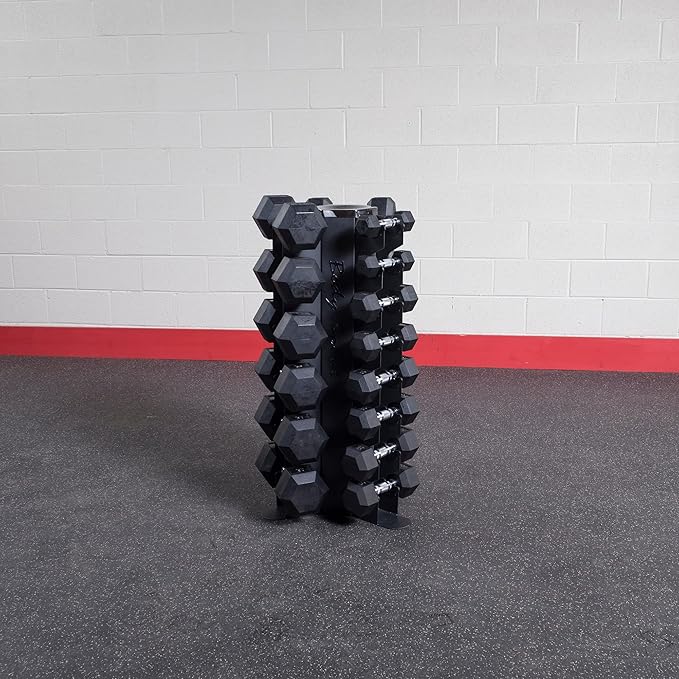 Body-Solid (GDR80-SDRS550) 10-Pairs Dumbbell with Vertical Rack - Compact Weight Storage for Home Gym, Strength Training - Rubber Coated Hexagon Shape Dumbbells with Stand