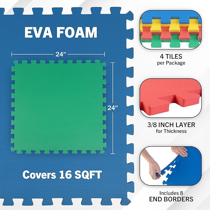 EVA Foam Mat Tiles 4-Pack - 16 SQ FT Interlocking Padding for Playroom or Gym Flooring - Workout Mat or Baby Playmat by Stalwart (Multicolor)