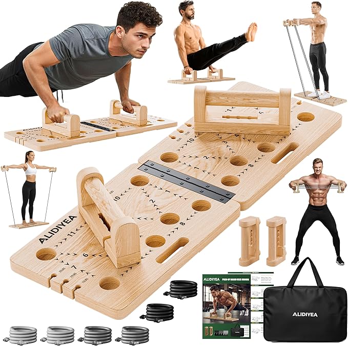 Push Up Board 30 in 1 Foldable with Resistance Bands - Thickened Pine Wood Multi-Push Up Board for Men & Women, Portable Gym/Home Workout Gear for Chest, Shoulders, Arms & Back