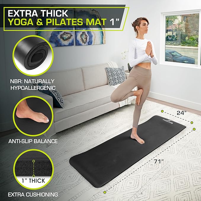 ProsourceFit Extra Thick Yoga and Pilates Mat ½” (13mm) or 1" (25mm), 71-inch Long High Density Exercise Mat with Comfort Foam and Carrying Strap