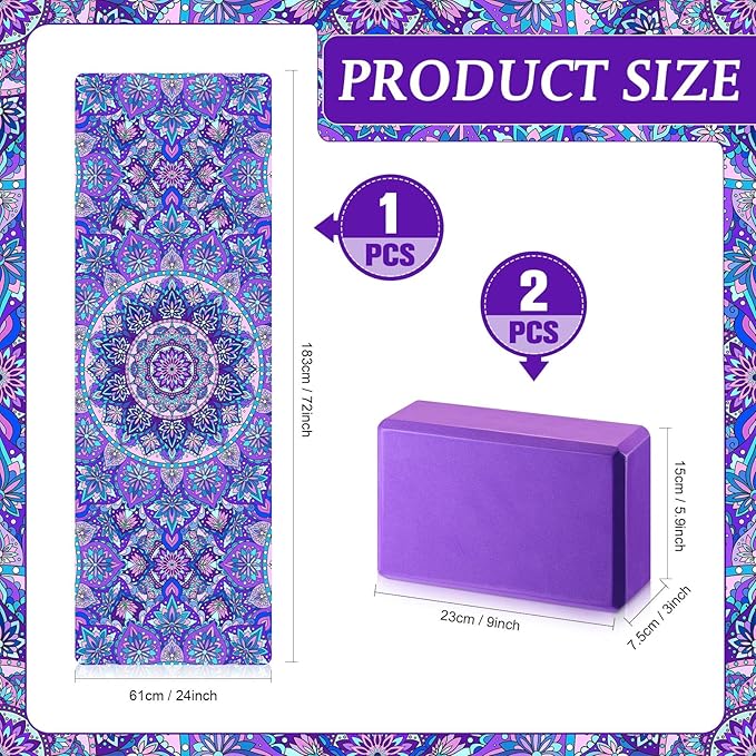 Tinideya 3 Pcs Yoga Mat Yoga Block with Carrying Strap Non Slip Yoga Mat Travel Yoga Mat for Exercise, Yoga, Fitness, Pilates, Floor Workouts, purple