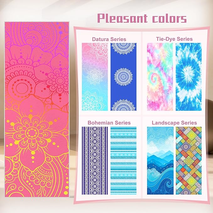 Yoga Towel,Absorbent Yoga Mat Towel for Hot Yoga Non Slip,Stylish Prints,Ideal for Workouts,Hot Yoga,Bikram,Pilates Equipment,72 x 27 in,Pink Flowers