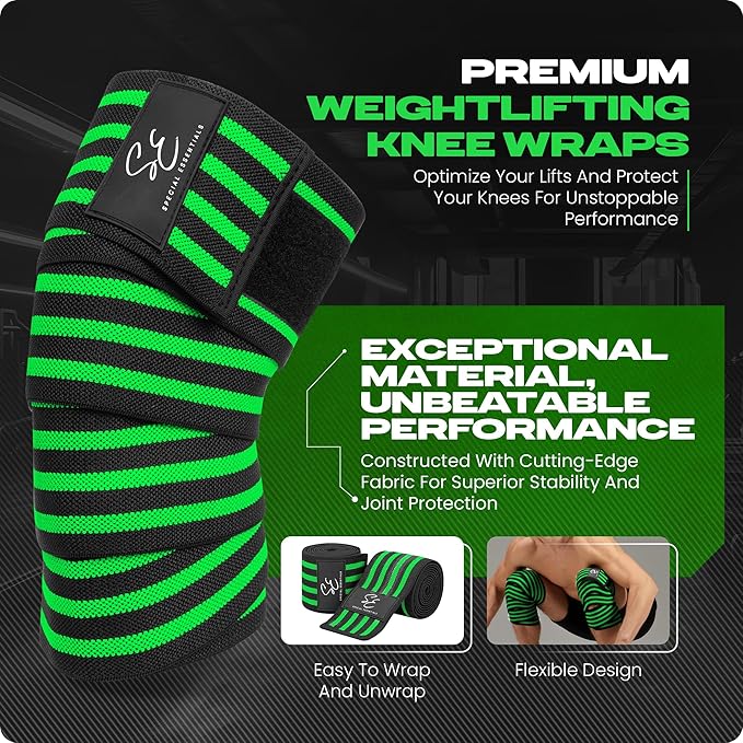 Special Essentials Knee Wraps for Weightlifting with Strap (2 Pack) - 72 Inches Flexible Support for Men & Women, for Powerlifting, Squats, Leg Press, and Cross Training