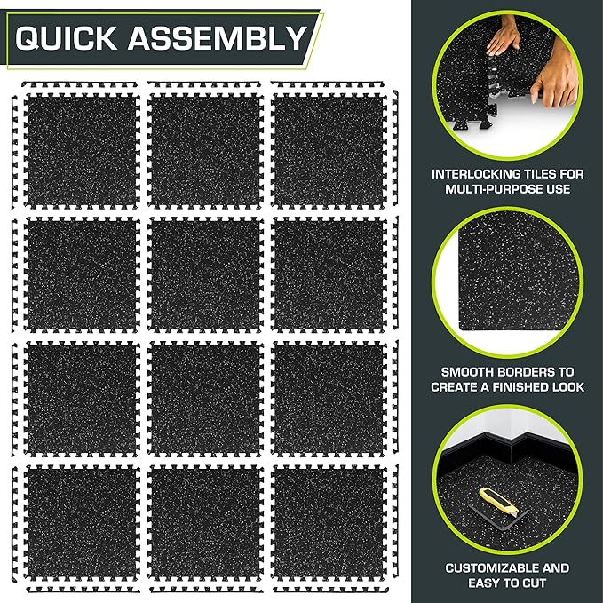 ProsourceFit Rubber Top Exercise Puzzle Mat ½-inch or ¾-inch, EVA Foam Interlocking Tiles for Home Gym Protective Flooring for Equipment and Workouts, Available in 24 SQ FT or 48 SQ FT