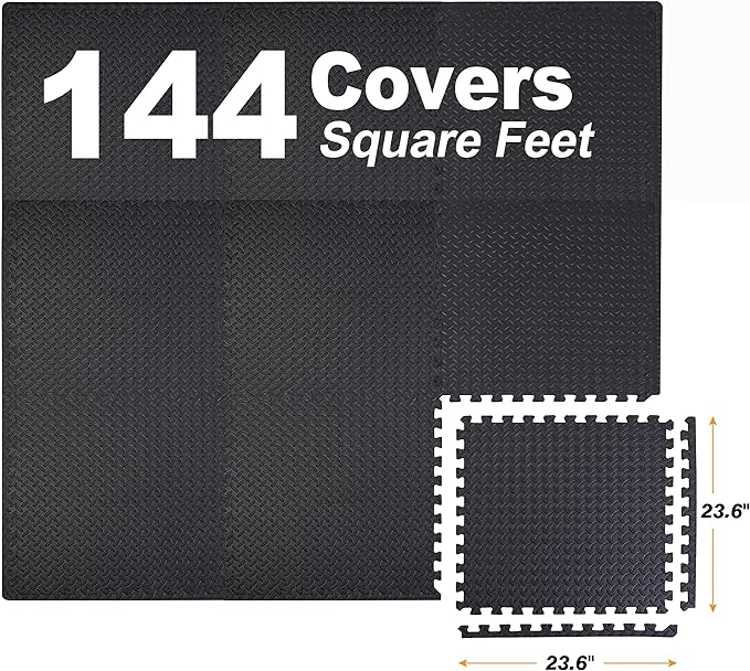 Mat Block APM36001BK Torin Interlocking Foam Exercise Floor Mats: 144 SQ FT, 1/2 inch, 36 Tiles, EVA Gym Mat Flooring, Exercise Equipment Mat for Home Gym Equipment, Black