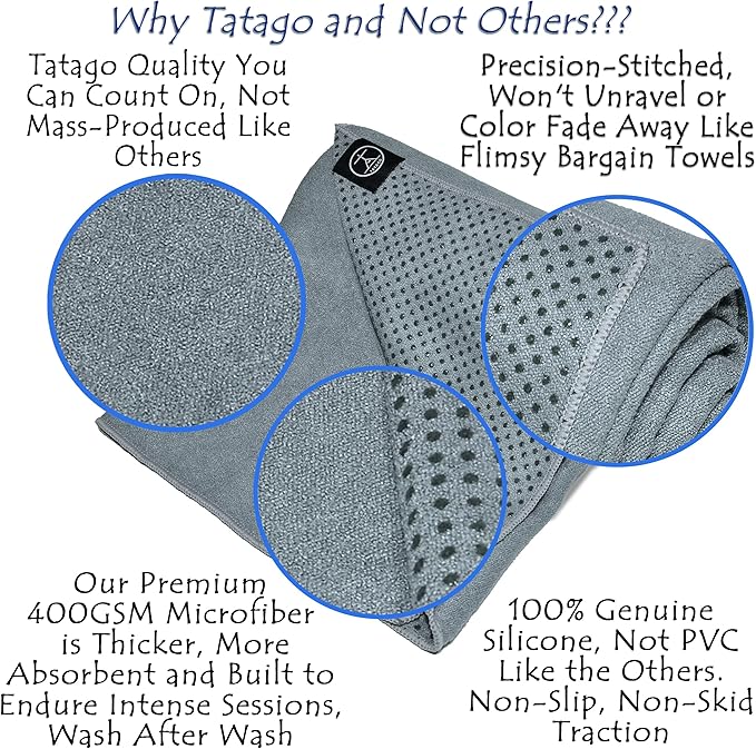 Tatago Yoga Mat Towel Non Slip for Hot Yoga. Our Hot Yoga Towel is Thicker, More Absorbent, and a Perfect Hot Pilates Mat Towel. 400GSM Microfiber Quick-Dry!