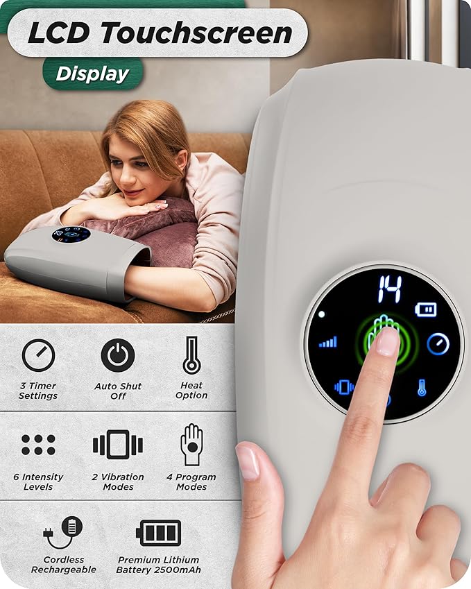 Lunix LX7 LCD Touchscreen Hand Massager, Heated Air Compression, for Arthritis & Carpal Tunnel Relief, Finger Numbness & Wrist Pain Relief, Cordless Rechargeable, Cloud Gray