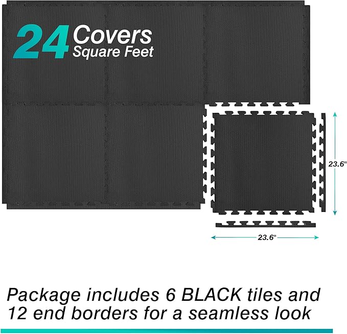 Mat Block Interlocking Foam Tiles Puzzle Mats for Floor 24 SQ FT, 3/4 inch, 6 Tiles, EVA Gym Mat Flooring Exercise Equipment Mat for Home Gym Equipment,APM101BK, Black