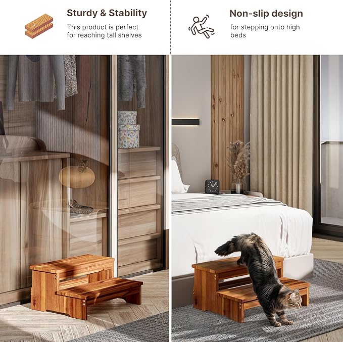 TINAMO 25" Long Step Stool for Adult & Kid - Acacia Wood Two Step Stool 500 Lbs - Wooden Riser 2-Step Spa & Hot Tub Stairs for Pool - Heavy Duty 2 Step Stools for Bed, Kitchen,Outdoor (Patent Pending)