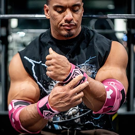 Elbow Wraps for Weightlifting - Heavy Duty Construction, 25% More Elasticity, Reinforced Stitching, Extra Wide Fastener, Easy to Adjust, (Digital Pink)