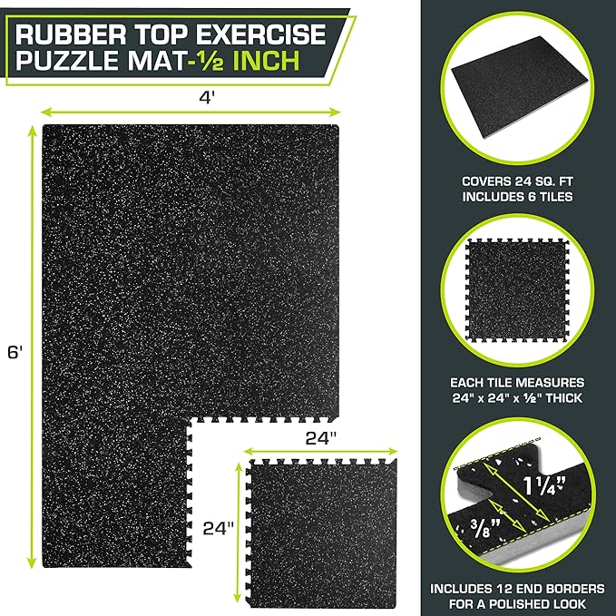 ProsourceFit Rubber Top Exercise Puzzle Mat ½-inch or ¾-inch, EVA Foam Interlocking Tiles for Home Gym Protective Flooring for Equipment and Workouts, Available in 24 SQ FT or 48 SQ FT