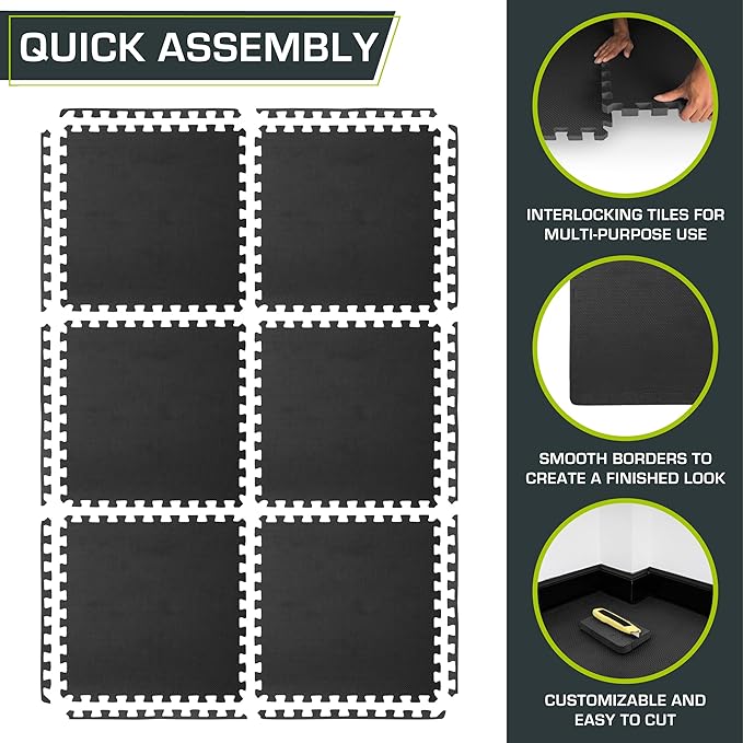 ProsourceFit Weaved Pattern Extra Thick Exercise Puzzle Mat 1-inch, EVA Foam Interlocking Tiles for Protective, Cushioned Flooring for Home and Gym Equipment; Black, 24 SQ FT, 6 Tiles