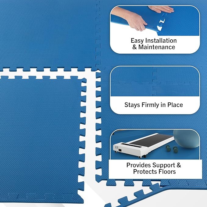 EVA Foam Mat Tiles 16-Pack - 64 SQ FT of Interlocking Padding for Garage, Playroom, or Gym Flooring - Workout Mat or Baby Playmat by Stalwart (Blue)