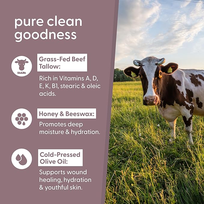 100% Unscented Grass Fed Beef Tallow for Skin, Body and Face | Fragrance Free Moisturizing Honey Balm with Cold-Pressed Olive Oil and Beeswax | Suitable For Dry, Sensitive & Irritated Skin, 2 oz (57g)