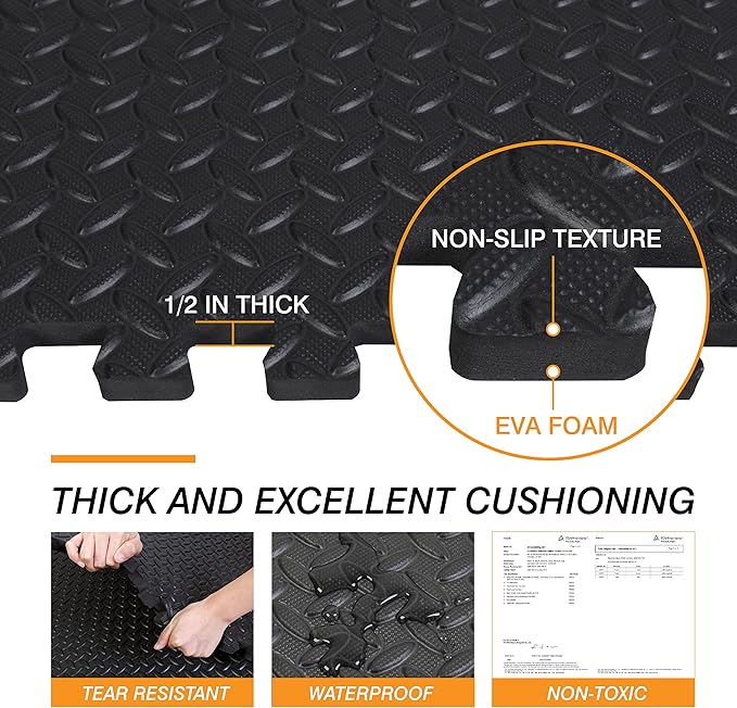 Mat Block Interlocking Foam Tiles Puzzle Mats for Floor 24 SQ FT, 1/2 inch, 6 Tiles, EVA Gym Mat Flooring Exercise Equipment Mat for Home Gym Equipment, Black, 6pcs