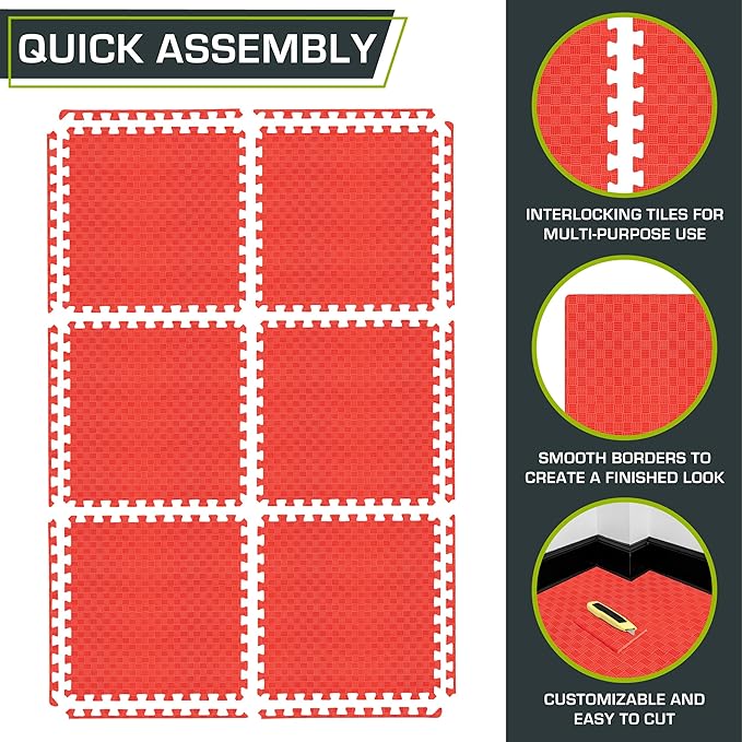 ProsourceFit Exercise Puzzle Mat 1-in, Checkered EVA Foam Floor Tiles w/Non-Slip Texture, Gym Mat w/Interlocking Foam Tiles for Adjustable Surface, Shock Absorbing, Waterproof Gym Flooring, Red