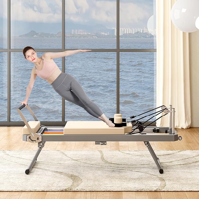 Pilates Reformer Machine for Home Gym, Foldable Pilates Machine Equipment with High Strength Alloy Springs for All Level Users, Up to 330lbs