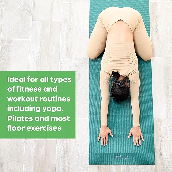 Gaiam Essentials 1/4" Thin (6mm) Yoga & Pilates, Fitness & Exercise Mat with Easy-Cinch Carrier Strap Cusion Support For Fitness and Gym Workouts