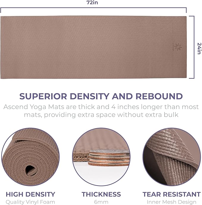 Ascend Yoga Mat - Premium 6mm Thick, 72" x 24", Solid or Reversible Print, Non Slip, Tear Resistant, Workout Mats for Pilates, Home, Studio, Fitness, Gym, Training, Floor Stretching