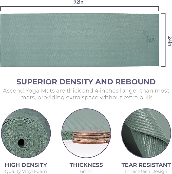 Ascend Yoga Mat - Premium 6mm Thick, 72" x 24", Solid or Reversible Print, Non Slip, Tear Resistant, Workout Mats for Pilates, Home, Studio, Fitness, Gym, Training, Floor Stretching