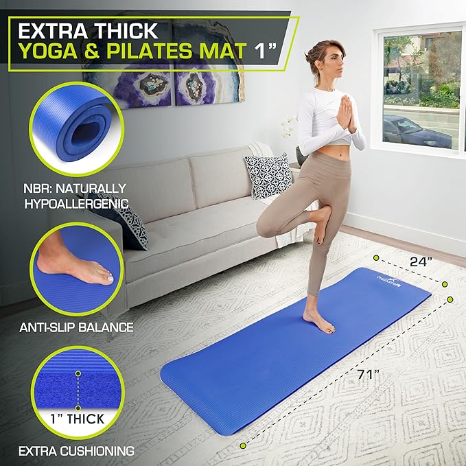 ProsourceFit Extra Thick Yoga and Pilates Mat ½” (13mm) or 1" (25mm), 71-inch Long High Density Exercise Mat with Comfort Foam and Carrying Strap