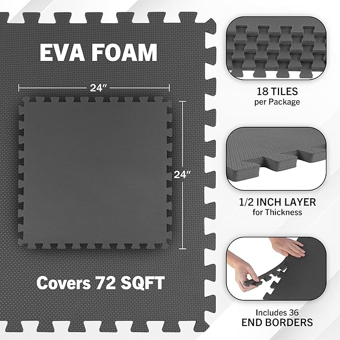 EVA Foam Mat Tiles 18-Pack - 72 SQ FT of Interlocking Padding for Garage, Playroom, or Gym Flooring - Workout Mat or Baby Playmat by Stalwart (Gray)