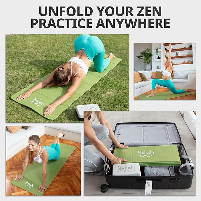 Foldable Yoga Mat + Carry Bag, 6mm 7-fold Workout Mat, Easy to Store, Anti-Slip Folding Exercise Mat for Yoga, Pilates, Home Workouts, and Floor Exercises