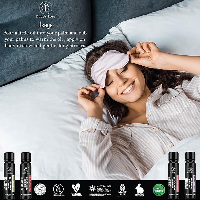 Organic Sensual Safe to Lick Body Massage Oils for Couples - Gift Set Romantic Date Night – Non Greasy No-Stain Fractionated Coconut Oil Quick Absorbing Smooth Glide Trial Pack of 4-120 ML/4 Fl Oz