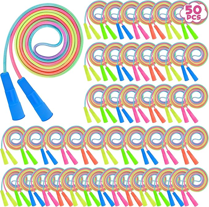50 Pack Kids Jump Rope, Colorful Gradient Nylon Skipping Ropes for Children, 7.55FT Adjustable Length, Plastic Handles, Lightweight Exercise Ropes for Schools, Events, and Family Fun