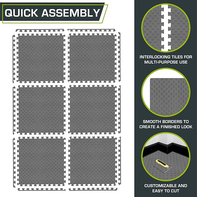 ProsourceFit Exercise Puzzle Mat 1-in, Checkered EVA Foam Floor Tiles w/Non-Slip Texture, Gym Mat w/Interlocking Foam Tiles for Adjustable Surface, Shock Absorbing, Waterproof Gym Flooring, Grey