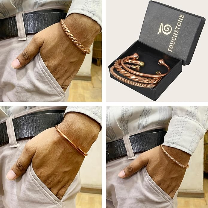 Touchstone copper bracelets | gift for men women |adjustable 100% pure solid real magnetic jewelry | handmade bracelet set combo | rope braided tibetan bangles.