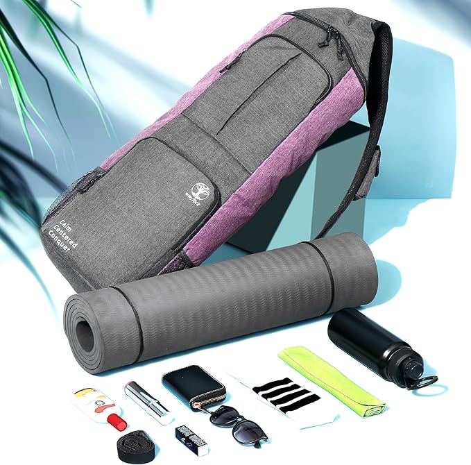Yoga Mat Bag Carrier - Large Pockets & Water Bottle Holders. Yoga Backpack Fits 0.5" Thick x 26" Wide Mats. Hands-Free, Left-Right Switchable, Yoga, Gym, Cycling