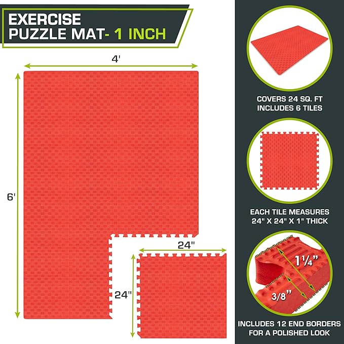 ProsourceFit Exercise Puzzle Mat 1-in, Checkered EVA Foam Floor Tiles w/Non-Slip Texture, Gym Mat w/Interlocking Foam Tiles for Adjustable Surface, Shock Absorbing, Waterproof Gym Flooring, Red