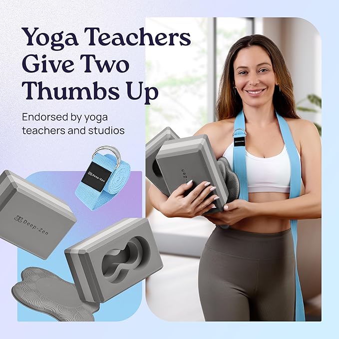 Deep-Zen® Yoga Blocks Wrist Support; Yoga Blocks 2 Pack with Knee Pads and Strap to Put Less Weight on Wrists; Durable, Versatile Yoga Brick Exercise Block Set, Blocks Yoga (Grey)