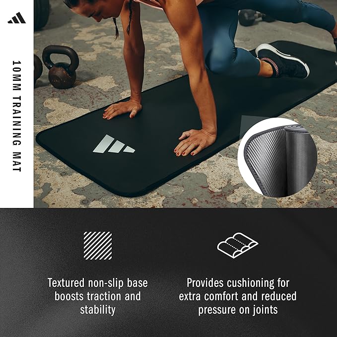 adidas 10mm Extra Thick Training Mat with Carrying Strap and Non-Slip Textured Base - Cushioned Workout Mat for Home Gym, Floor Workouts, and Intense Exercises - Portable and Durable