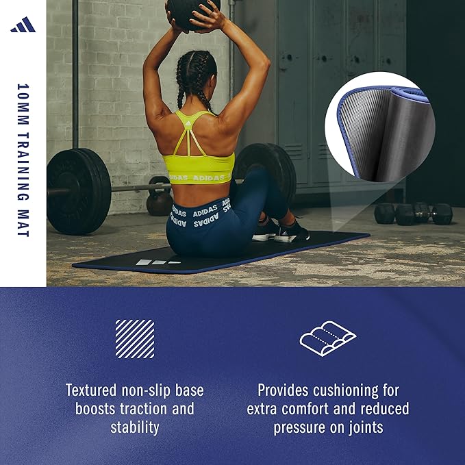 adidas 10mm Extra Thick Training Mat with Carrying Strap and Non-Slip Textured Base - Cushioned Workout Mat for Home Gym, Floor Workouts, and Intense Exercises - Portable and Durable
