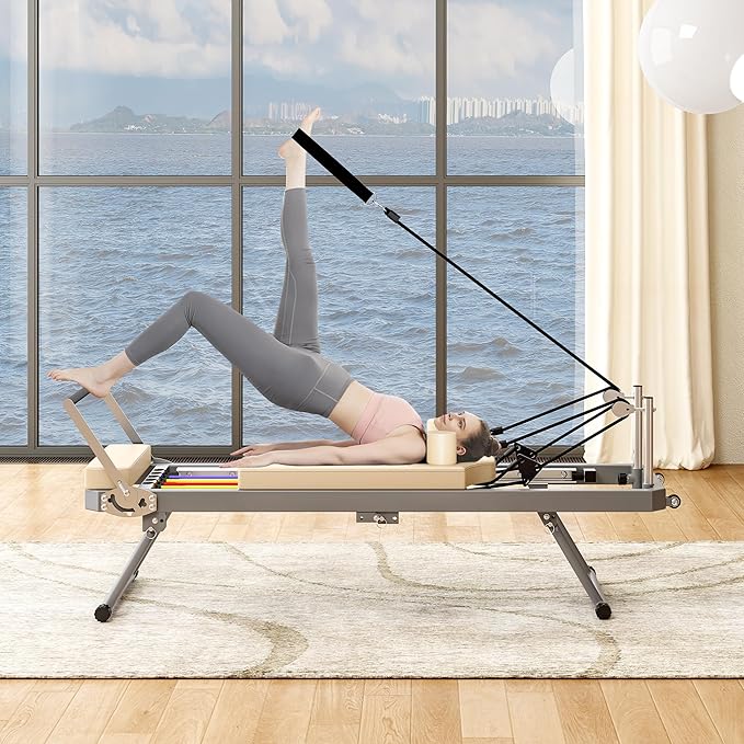 Pilates Reformer Machine for Home Gym, Foldable Pilates Machine Equipment with High Strength Alloy Springs for All Level Users, Up to 330lbs