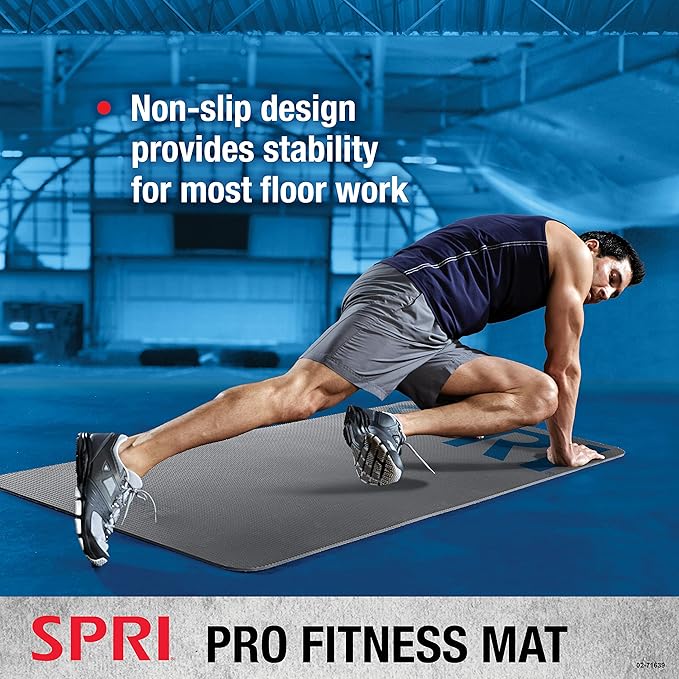 SPRI 12mm Pro Fitness Matt - Thick Exercise Mat for Floor Workouts, Sit-Ups, Push-Ups, Stretching, Toning, and General Fitness - Non-Slip Texture, Cushioned, Portable Rolling Mat with Carrying Strap