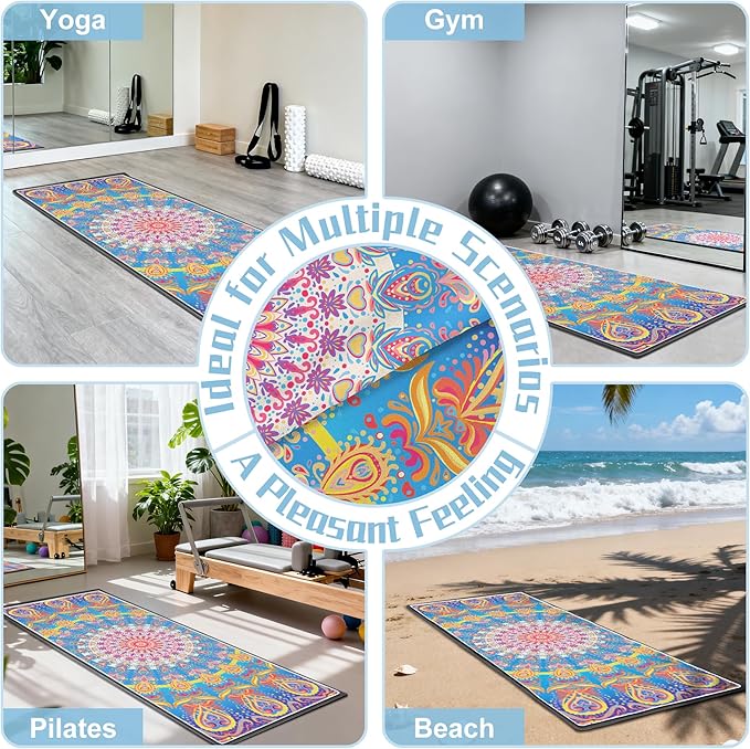 Yoga Towel,Absorbent Yoga Mat Towel for Hot Yoga Non Slip,Stylish Prints,Ideal for Workouts,Hot Yoga,Bikram,Pilates Equipment,72 x 27 in,Rainbow