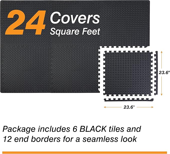 Mat Block EVA Exercise Floor Mats: Interlocking Foam Tile Performance Mats - 6 Tiles (Area: 24 SQ FT) 1/2 inch Thickness, EVA Home Gym Exercise Floor Mats for All Exercises or Equipment, Black