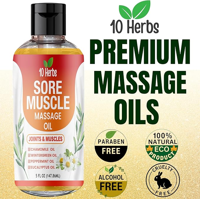 Premium Body Massage Oil for Sore Muscles and Joints, with Eucalyptus, Chamomile & Peppermint Oil