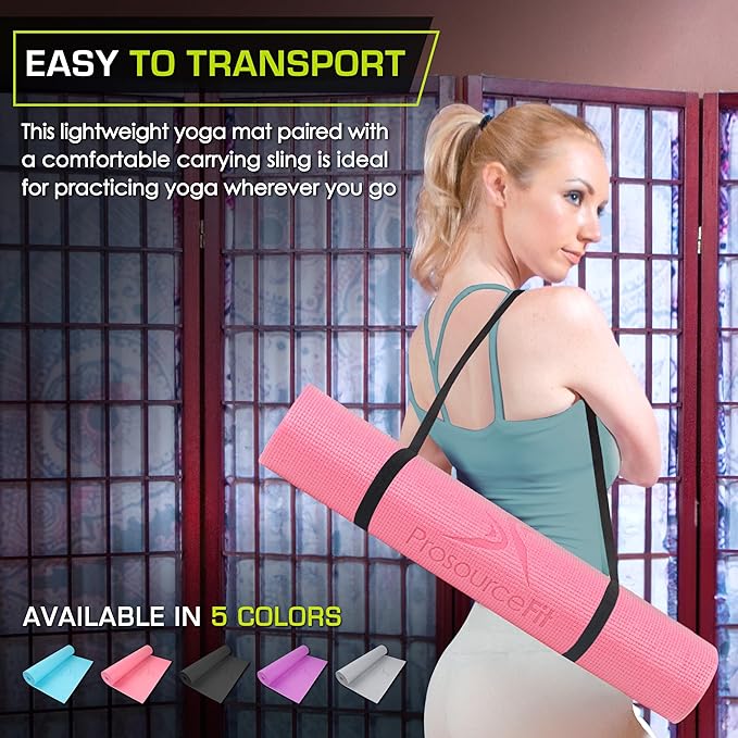 ProsourceFit Original Yoga Exercise Mat ¼” (6mm) Thick for Comfort and Stability with Carrying Straps, Non Slip –Multiple Colors