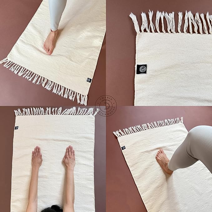 Tharie Hand-Woven Organic Cotton Yoga Mat, Washable & Good Grip, Standalone or as Topper, 70 x 196 cm, Made in India