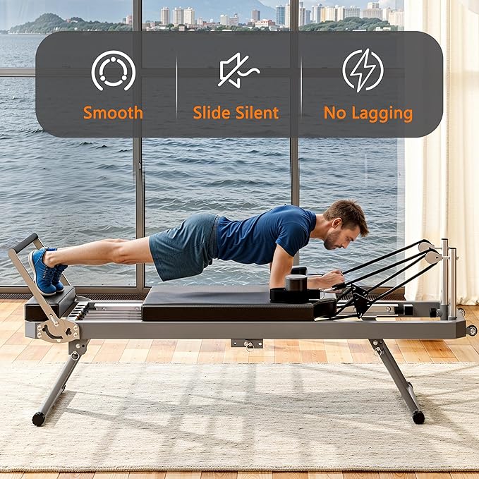 Beige Pilates Reformer, Foldable Pilates Machine for Home Gym Workout, Pilate Equipment with High Strength Alloy Springs for Beginners, Up to 330lbs