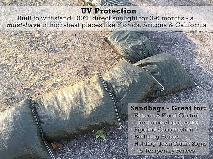 Polypropylene Olive Drab Rugged Sandbag | 14 Inches by 26 Inches | Pack of 15 | Military Grade | Protects Homes & Businesses From Flooding | Sand Bags Trusted by US Military & Red Cross