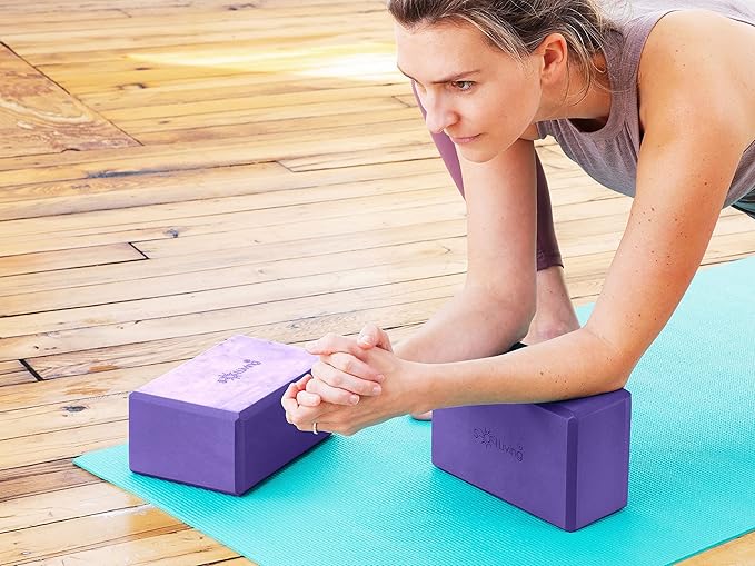 Sol Living Yoga Blocks 2 Pack High Density EVA Foam Yoga Cushion Stretching Pilates Meditation Exercise Equipment Support Deepen Poses Odor Free Non Slip Yoga Accessories - 4" x 6" x 9"- Purple