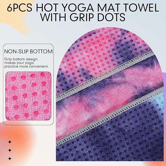 Peryiter 6 Pcs Yoga Towels with Grip Dots 72 x 25 Inch Non Slip Hot Yoga Mat Towel Microfiber Soft Sweat Absorbent Blanket for Gym Pilates Workout Fitness, 6 Tie Dye Colors