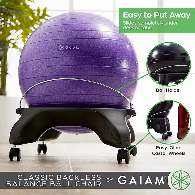 Gaiam Classic Backless Balance Ball Chair – Exercise Stability Yoga Ball Premium Ergonomic Chair for Home and Office Desk with Air Pump, Exercise Guide and Satisfaction Guarantee, Charcoal